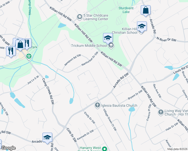 map of restaurants, bars, coffee shops, grocery stores, and more near 200 Village Green Court Southwest in Lilburn