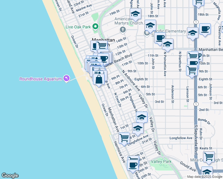 map of restaurants, bars, coffee shops, grocery stores, and more near 722 Highland Avenue in Manhattan Beach