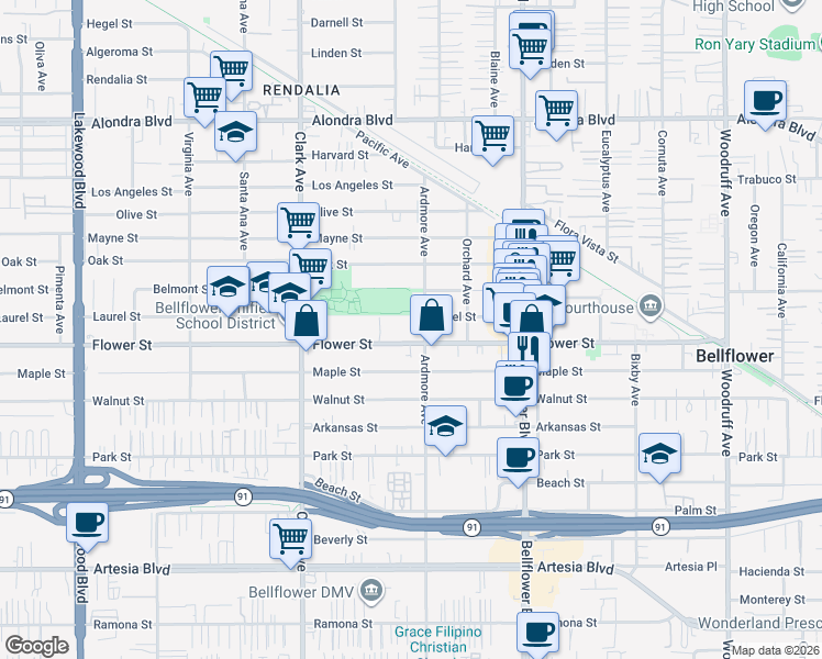 map of restaurants, bars, coffee shops, grocery stores, and more near 9566 Flower Street in Bellflower