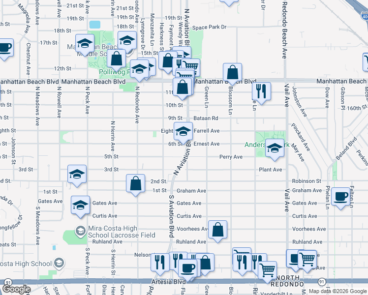 map of restaurants, bars, coffee shops, grocery stores, and more near 1852 6th Street in Manhattan Beach