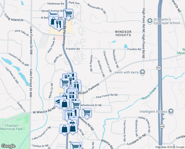 map of restaurants, bars, coffee shops, grocery stores, and more near 4615 Windsor Park Place Northeast in Atlanta