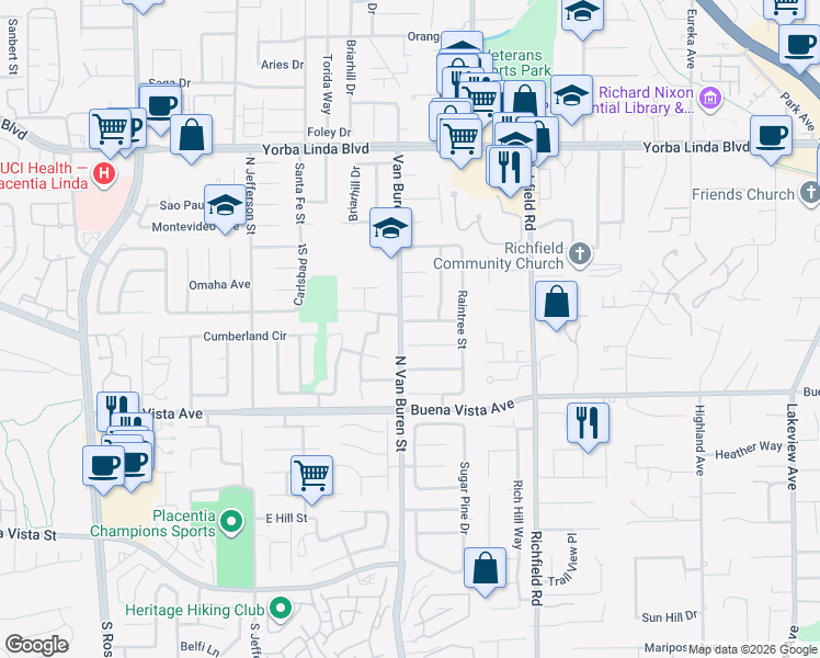 map of restaurants, bars, coffee shops, grocery stores, and more near 17332 Yellowstone Avenue in Yorba Linda
