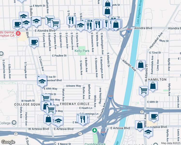 map of restaurants, bars, coffee shops, grocery stores, and more near 2500 East Adana Street in Compton
