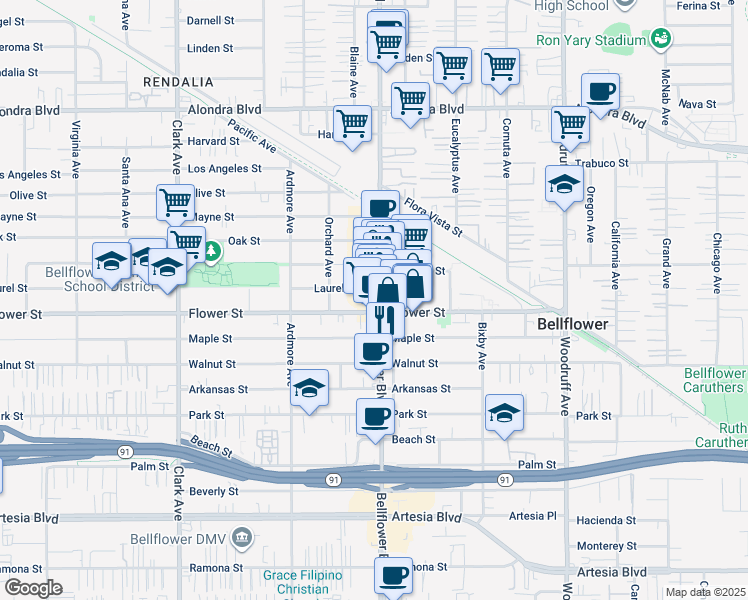 map of restaurants, bars, coffee shops, grocery stores, and more near 9832 Flower Street in Bellflower