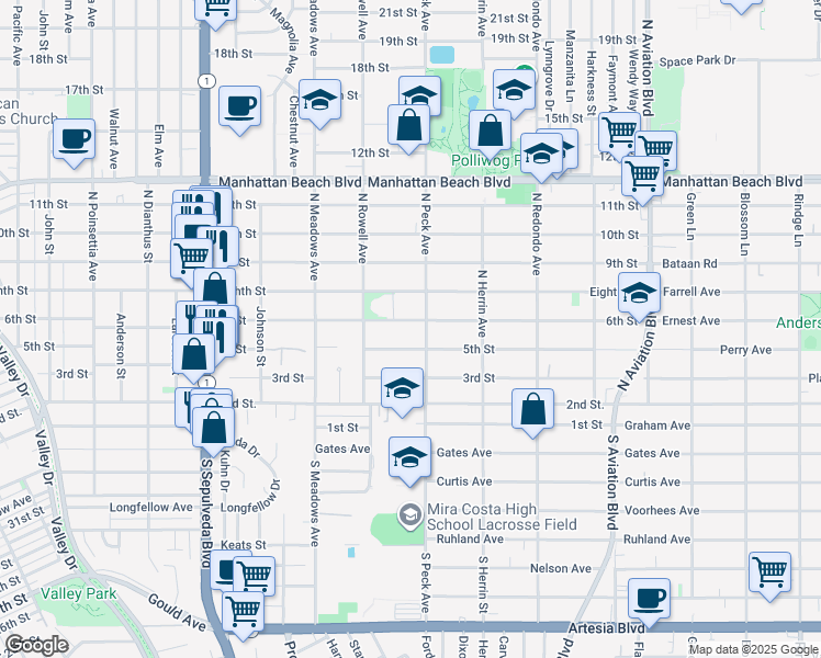 map of restaurants, bars, coffee shops, grocery stores, and more near 1450 6th Street in Manhattan Beach