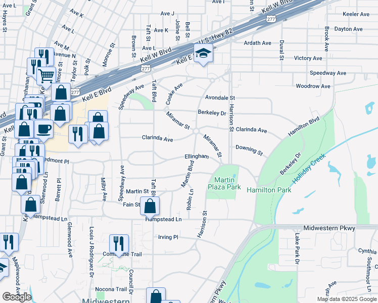 map of restaurants, bars, coffee shops, grocery stores, and more near 2200 Ellingham in Wichita Falls