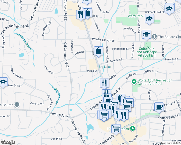 map of restaurants, bars, coffee shops, grocery stores, and more near 15 Plaza Drive in Smyrna