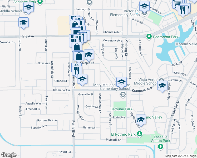 map of restaurants, bars, coffee shops, grocery stores, and more near 16413 Saddlebrook Lane in Moreno Valley