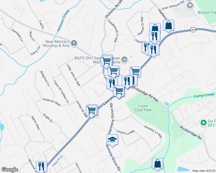 map of restaurants, bars, coffee shops, grocery stores, and more near 5610 Martin Grove Drive Northwest in Lilburn