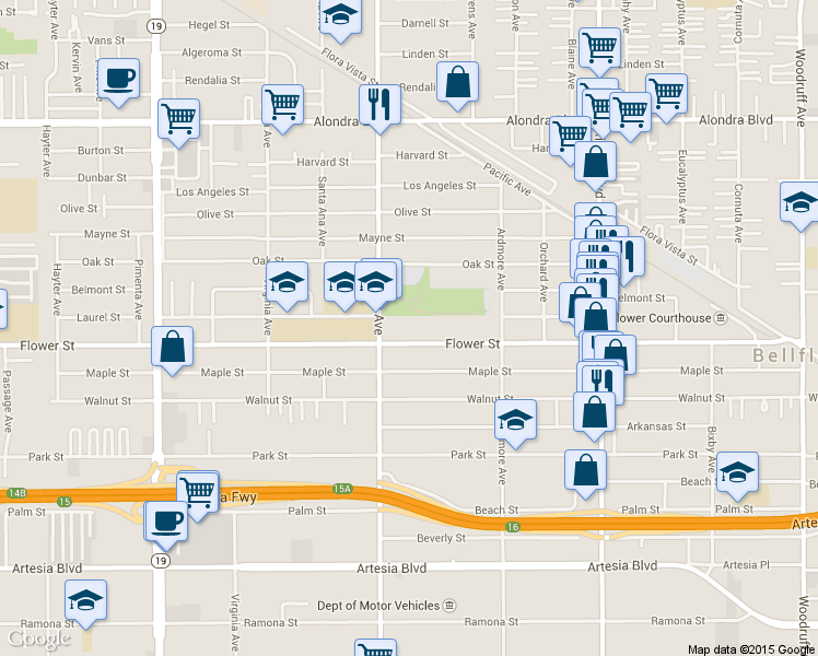 map of restaurants, bars, coffee shops, grocery stores, and more near 9438 Flower Street in Bellflower