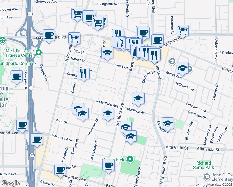 map of restaurants, bars, coffee shops, grocery stores, and more near 148 Tiger Lane in Placentia
