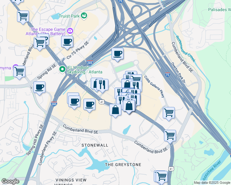 map of restaurants, bars, coffee shops, grocery stores, and more near 800 Galleria Parkway Southeast in Atlanta