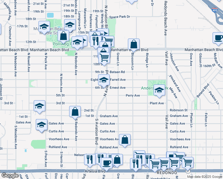 map of restaurants, bars, coffee shops, grocery stores, and more near 1908 Ernest Avenue in Redondo Beach