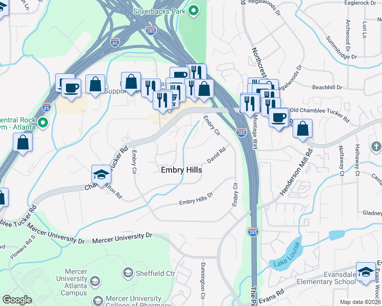 map of restaurants, bars, coffee shops, grocery stores, and more near 3266 David Road in Chamblee