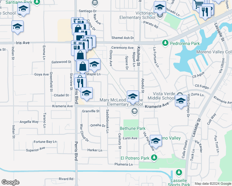 map of restaurants, bars, coffee shops, grocery stores, and more near 16425 Heather Glen Road in Moreno Valley