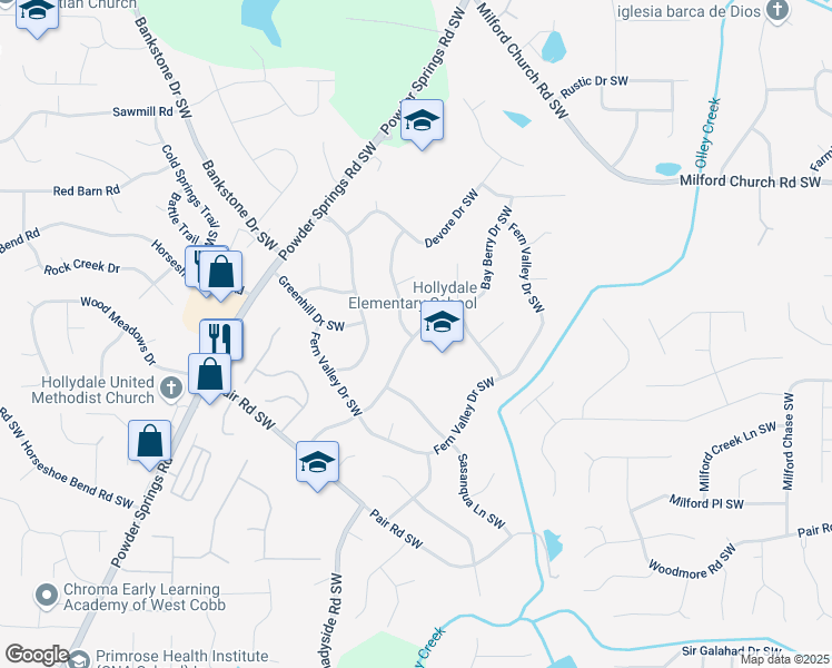 map of restaurants, bars, coffee shops, grocery stores, and more near Bay Berry Drive Southwest in Marietta