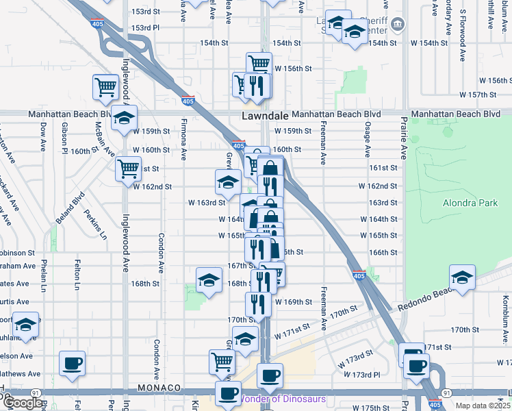 map of restaurants, bars, coffee shops, grocery stores, and more near 16325 Hawthorne Boulevard in Lawndale