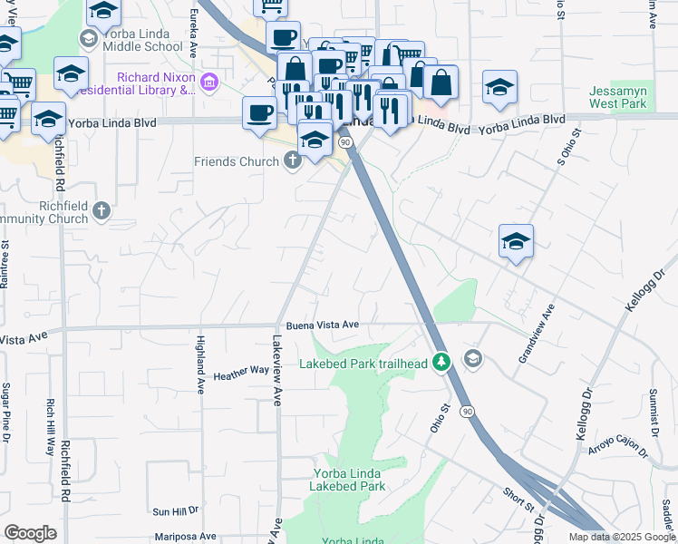 map of restaurants, bars, coffee shops, grocery stores, and more near 5426 Lakeview Avenue in Yorba Linda