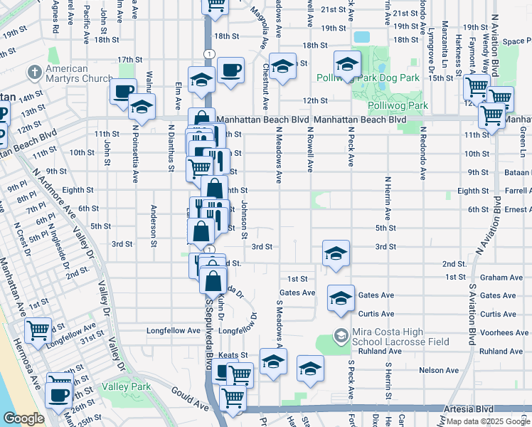 map of restaurants, bars, coffee shops, grocery stores, and more near 1236 6th Street in Manhattan Beach