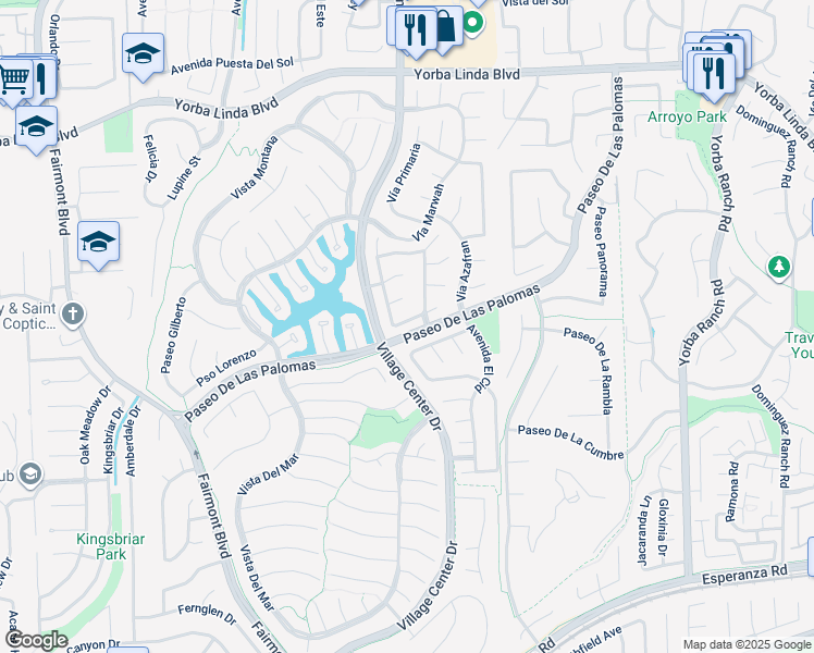 map of restaurants, bars, coffee shops, grocery stores, and more near 20430 Via Cadiz in Yorba Linda