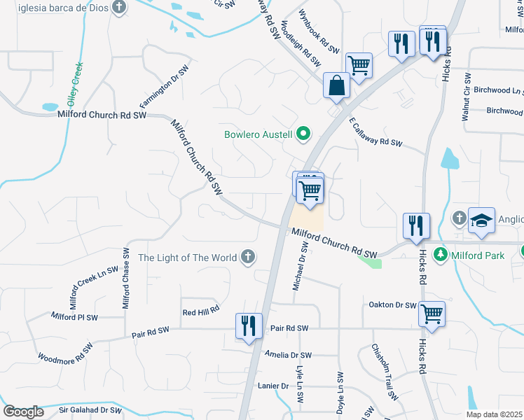 map of restaurants, bars, coffee shops, grocery stores, and more near 2978 Edgemont Lane in Marietta