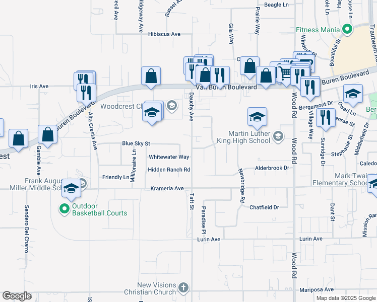 map of restaurants, bars, coffee shops, grocery stores, and more near 9253 Dauchy Avenue in Riverside