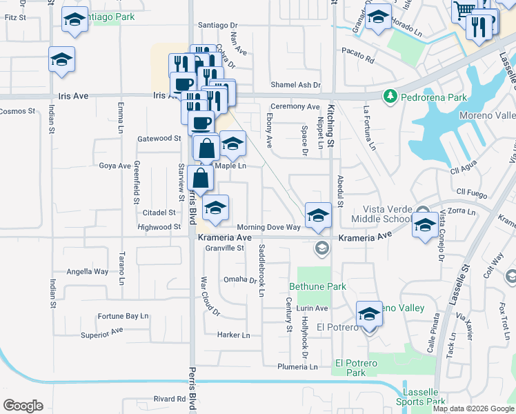 map of restaurants, bars, coffee shops, grocery stores, and more near 16449 Saddlebrook Lane in Moreno Valley