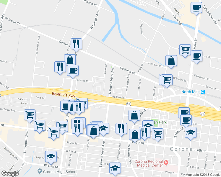 map of restaurants, bars, coffee shops, grocery stores, and more near 865 Bollero Place in Corona