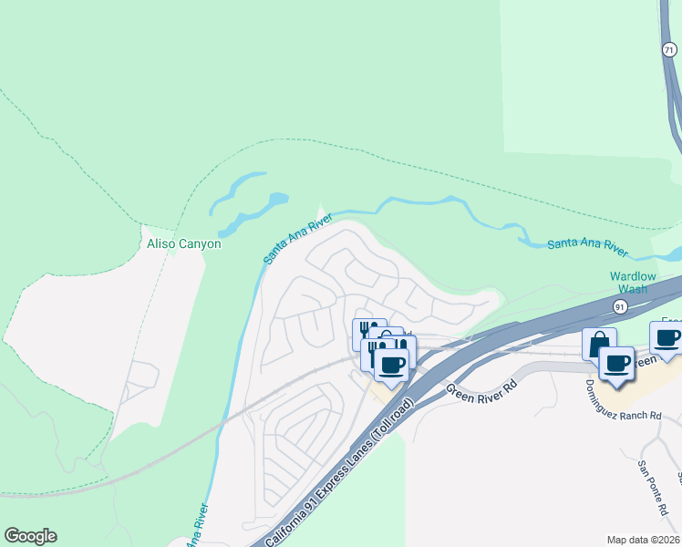 map of restaurants, bars, coffee shops, grocery stores, and more near 4790 Pennyroyal Drive in Corona