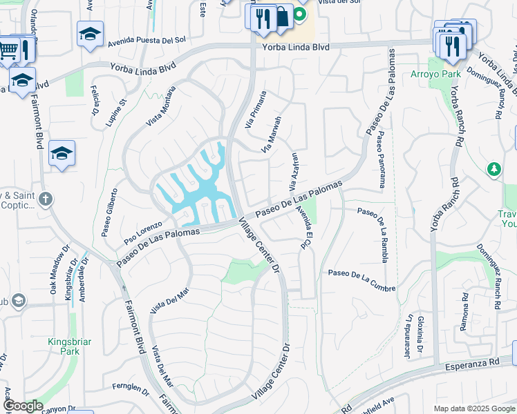 map of restaurants, bars, coffee shops, grocery stores, and more near 20430 Via Cadiz in Yorba Linda