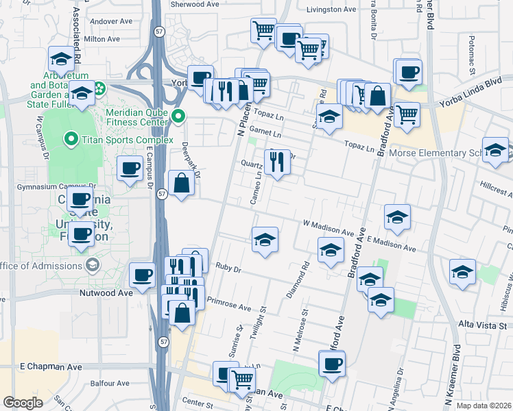 map of restaurants, bars, coffee shops, grocery stores, and more near 546 West Madison Avenue in Placentia