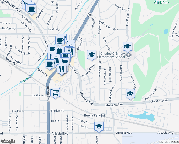 map of restaurants, bars, coffee shops, grocery stores, and more near 5409 Arrowhead Avenue in Buena Park