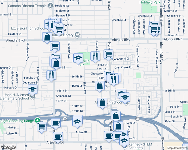 map of restaurants, bars, coffee shops, grocery stores, and more near 12044 164th Street in Norwalk