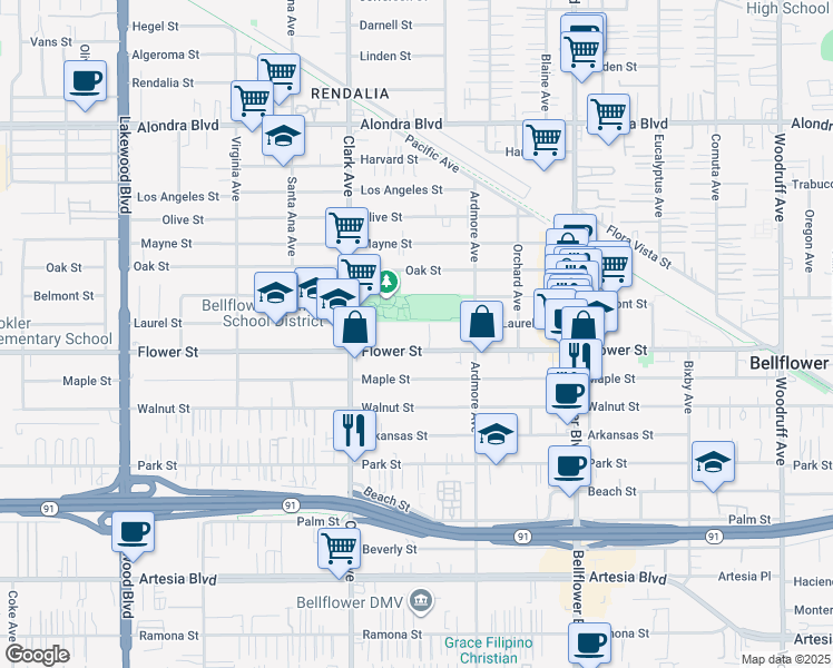 map of restaurants, bars, coffee shops, grocery stores, and more near 9526 Flower Street in Bellflower