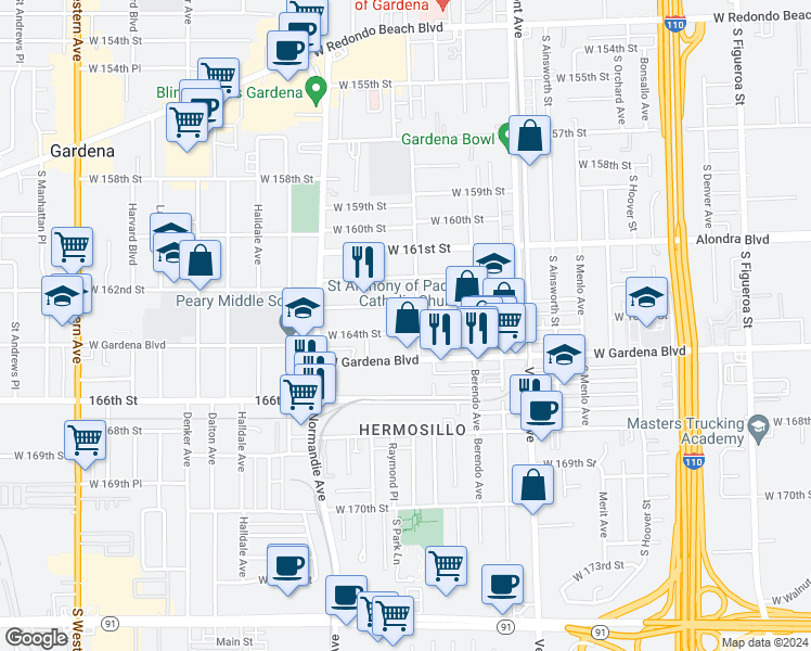 map of restaurants, bars, coffee shops, grocery stores, and more near 16409 Budlong Avenue in Gardena