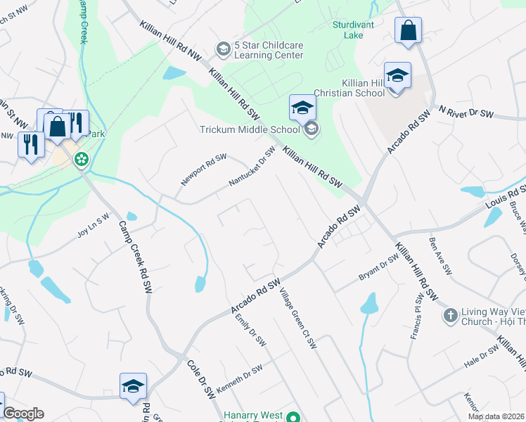 map of restaurants, bars, coffee shops, grocery stores, and more near 200 Village Green Court Southwest in Lilburn