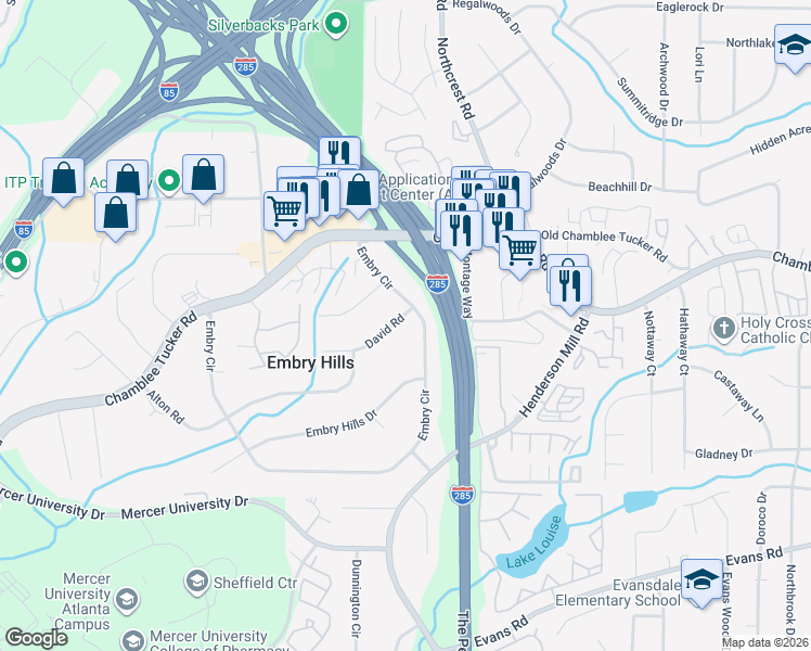 map of restaurants, bars, coffee shops, grocery stores, and more near 3618 Embry Circle in Chamblee