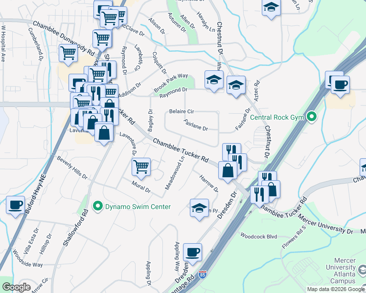 map of restaurants, bars, coffee shops, grocery stores, and more near 3174 Meadowood Lane in Chamblee