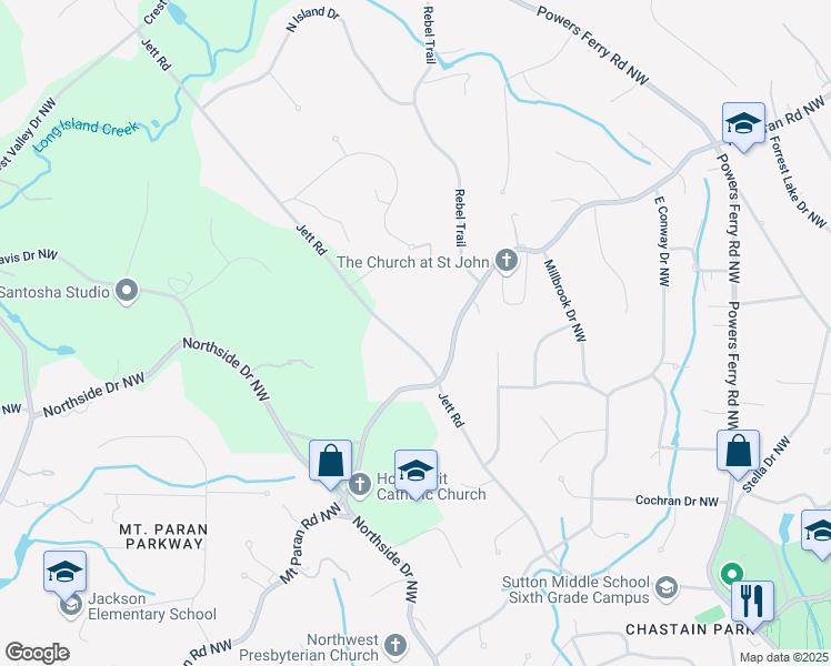 map of restaurants, bars, coffee shops, grocery stores, and more near 4655 Jett Road in Atlanta
