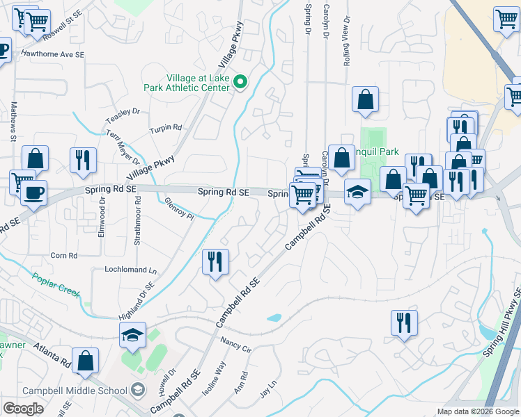 map of restaurants, bars, coffee shops, grocery stores, and more near 605 Countryside Place in Smyrna