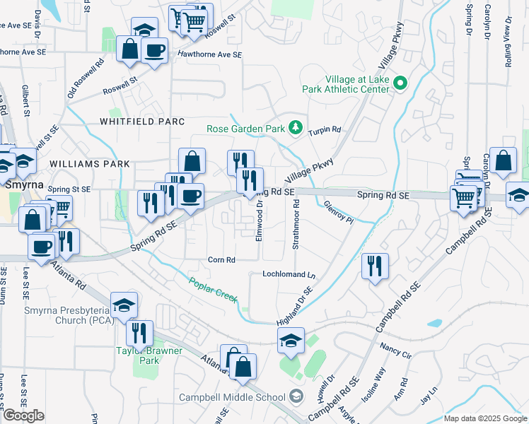 map of restaurants, bars, coffee shops, grocery stores, and more near 1898 Spring Road Southeast in Smyrna