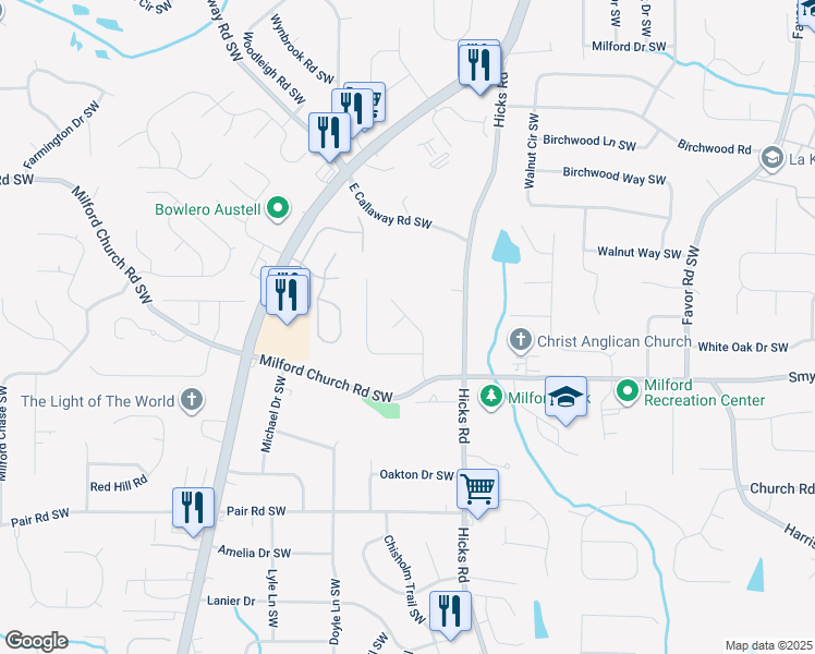 map of restaurants, bars, coffee shops, grocery stores, and more near 2940 Caller Court Southwest in Marietta