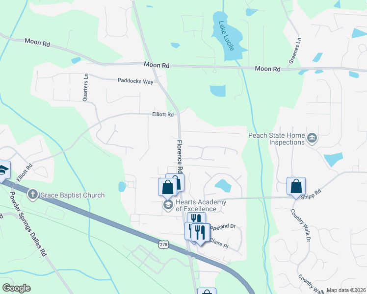 map of restaurants, bars, coffee shops, grocery stores, and more near 5233 Glendora Court in Powder Springs