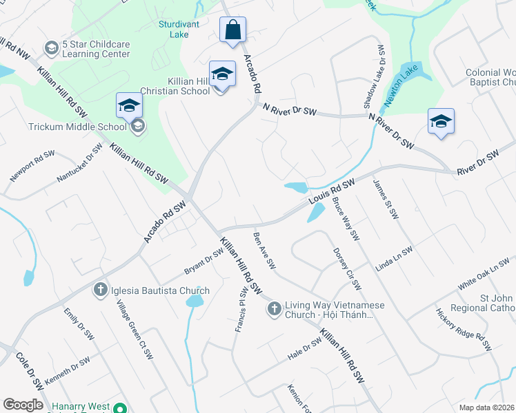 map of restaurants, bars, coffee shops, grocery stores, and more near 324 Nancy Ct SW in Lilburn