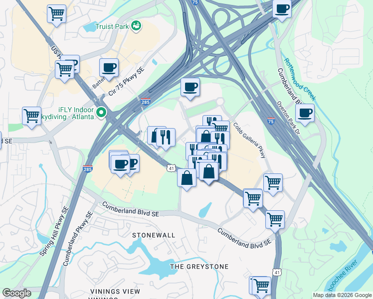 map of restaurants, bars, coffee shops, grocery stores, and more near 800 Galleria Parkway Southeast in Atlanta