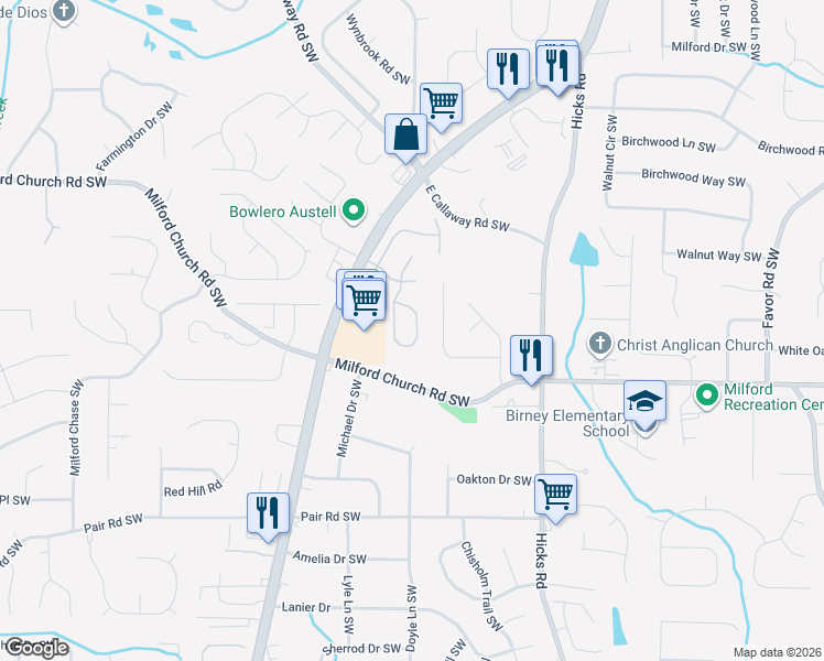 map of restaurants, bars, coffee shops, grocery stores, and more near 3085 Crest Ridge Circle Southwest in Marietta