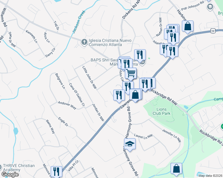 map of restaurants, bars, coffee shops, grocery stores, and more near 5795 Martin Grove Drive Northwest in Lilburn
