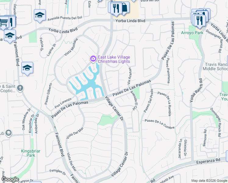 map of restaurants, bars, coffee shops, grocery stores, and more near 20430 Via Cadiz in Yorba Linda