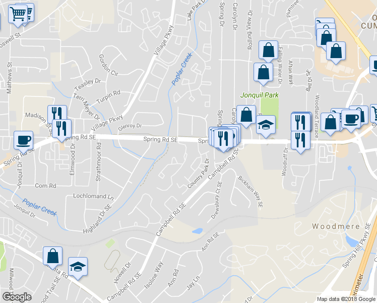 map of restaurants, bars, coffee shops, grocery stores, and more near 406 Countryside Place in Smyrna