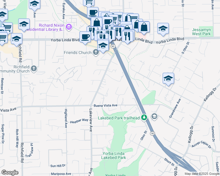 map of restaurants, bars, coffee shops, grocery stores, and more near 5426 Lakeview Avenue in Yorba Linda